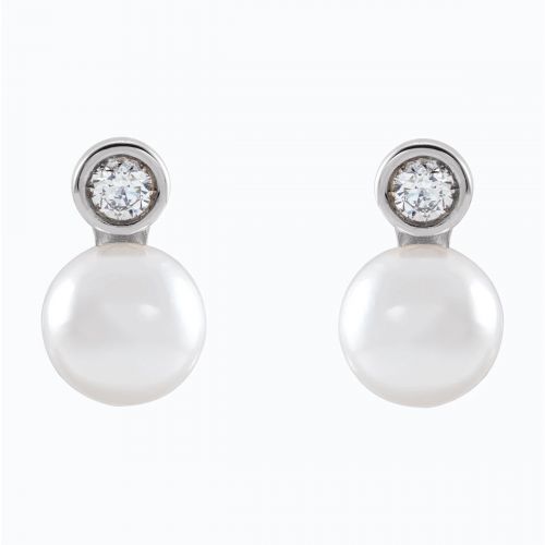 Natural Diamond Accented Cultured Akoya Pearl Stud Earring, 14k White Gold
